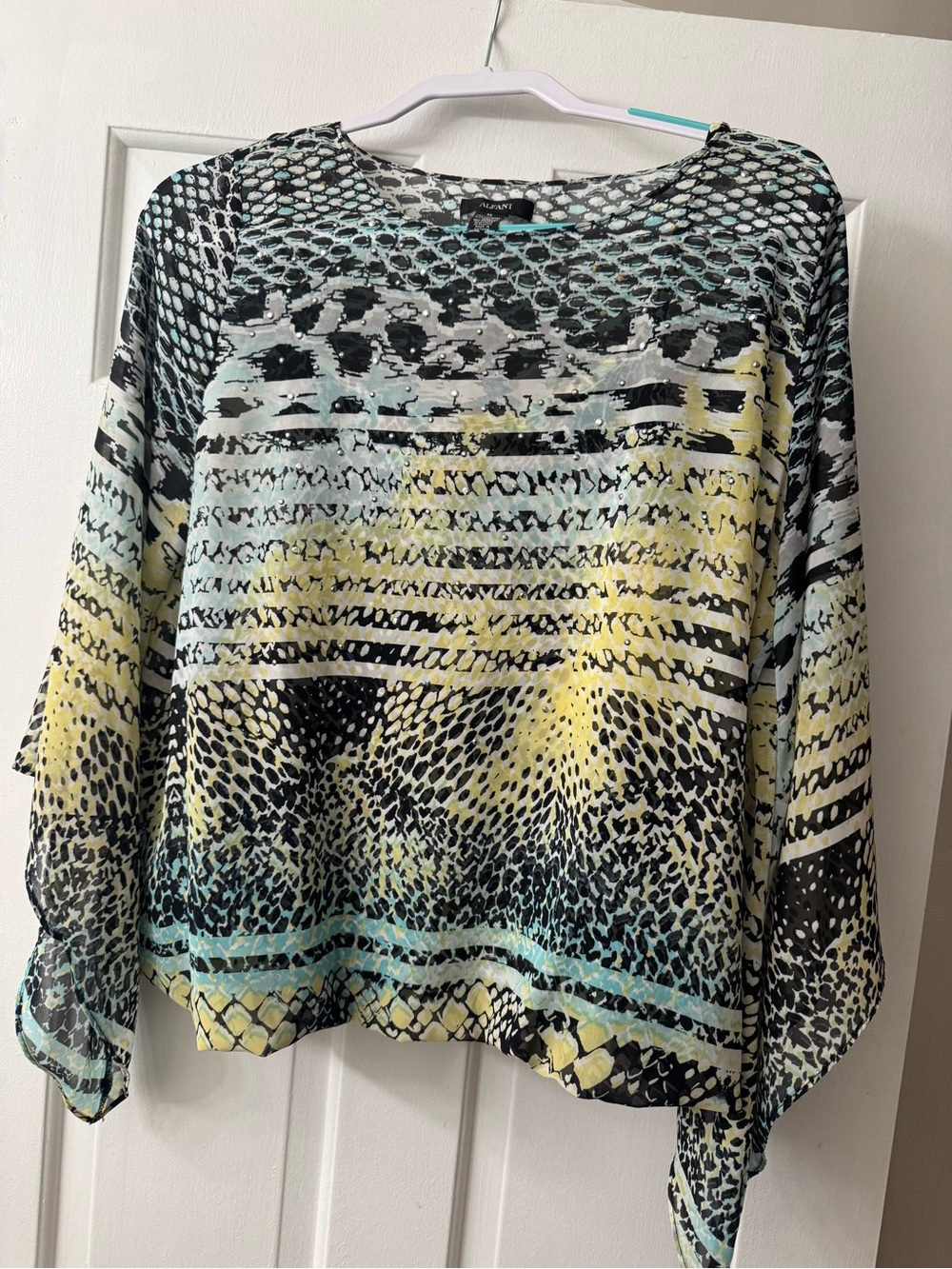 Sheer -Alfani Multicolor Printed Long-Sleeve Tunic — Yellow, Blue, Black